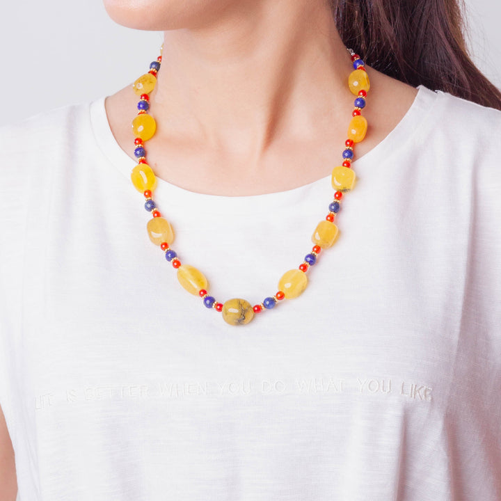 Trio Yellow Agate, Carnelian and Lapis  Necklace