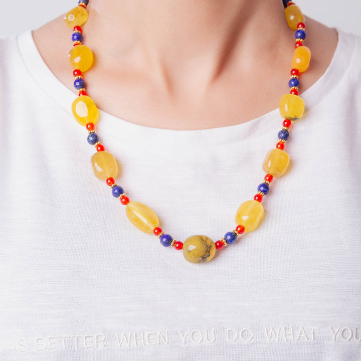 Trio Yellow Agate, Carnelian and Lapis  Necklace