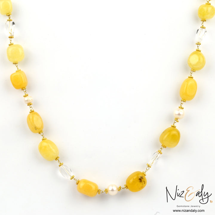 Natural lemon Chiffon Jade and Icy Quartz  with Fresh Water Pearl Bead Necklace