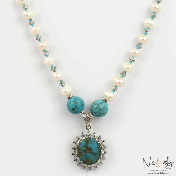Kingman Turquoise Pendant in Pearl  Necklace