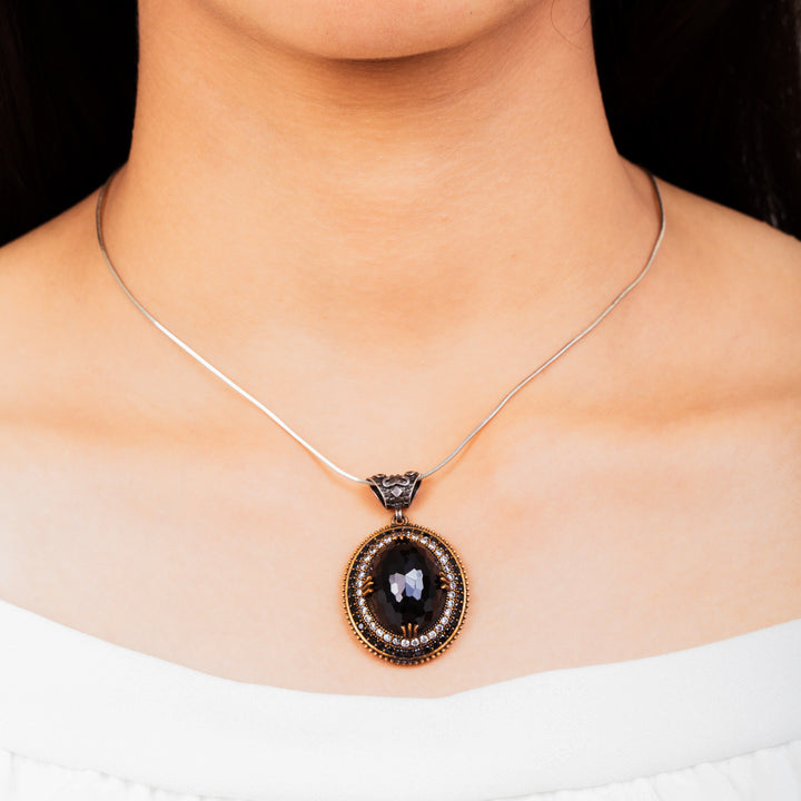 Faceted large black Oynx intricatedly designed with VVS diamond Cubic Zirconia simulated stones and tiny Oynx