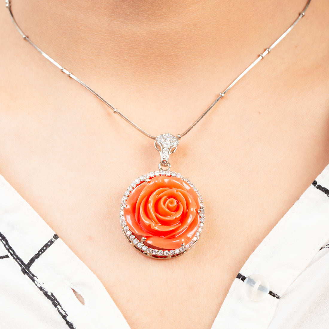 Carved Rose in Natural Coral Pendant
