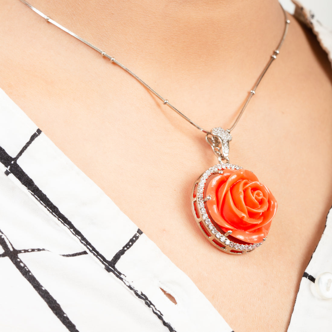 Carved Rose in Natural Coral Pendant