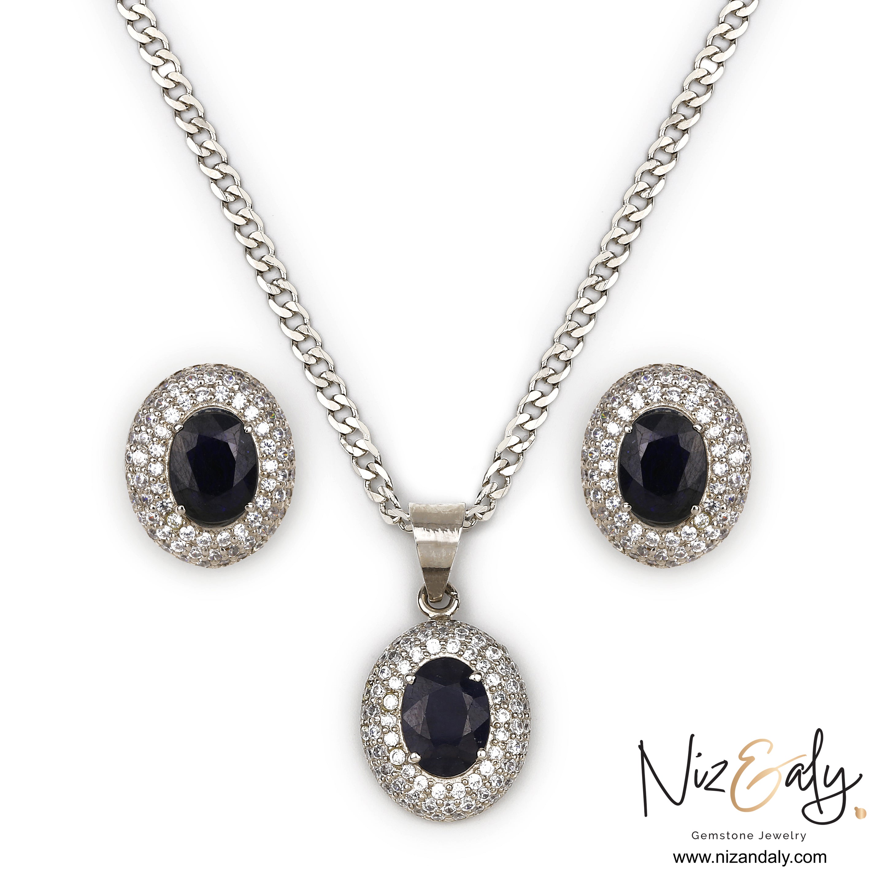 Blue Sapphire Pendant and Ear Stud Set