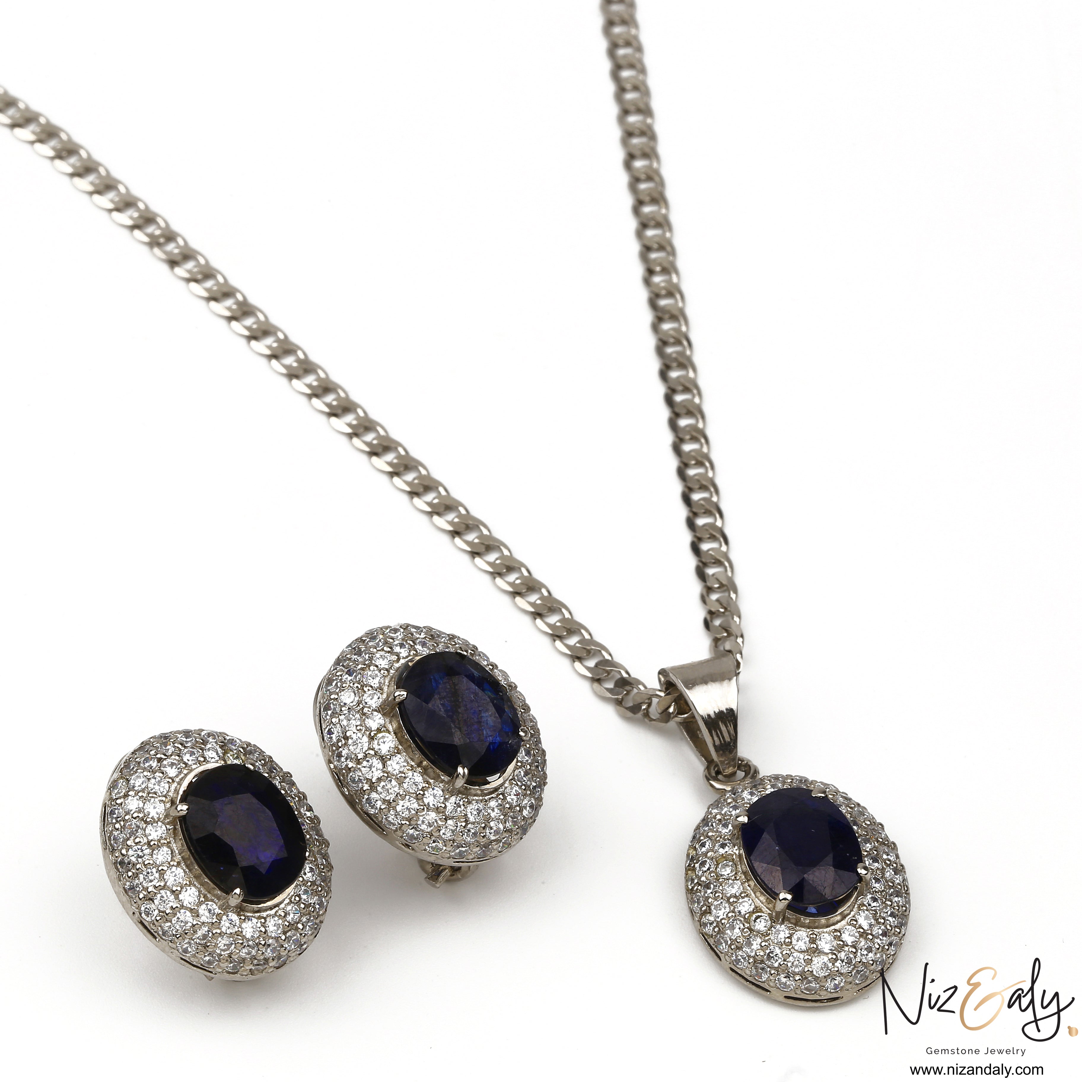 Blue Sapphire Pendant and Ear Stud Set