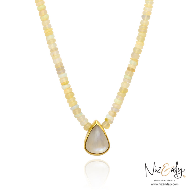 Celestial Whisper- Rainbow Moonstone and Fire Opal Necklace