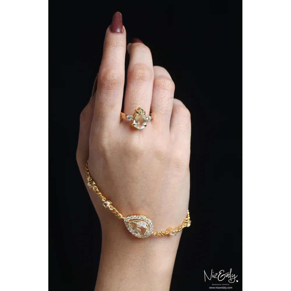 Gold Plated TearDrop shaped  Clear Quartz Pendant Set with Bracelet -Golden Cascade