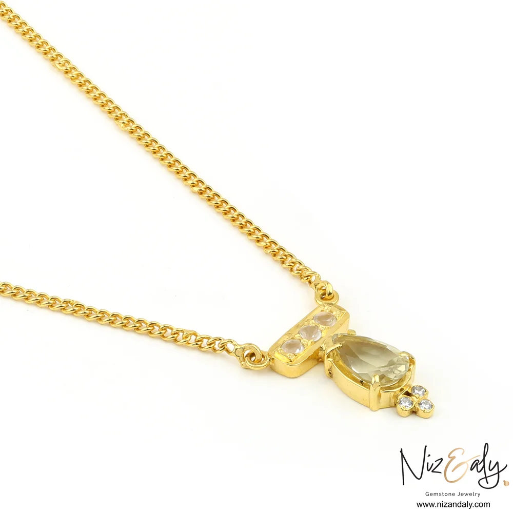 Gold Plated TearDrop shaped  Clear Quartz Pendant Set with Bracelet -Golden Cascade