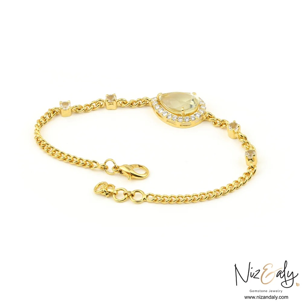 Gold Plated TearDrop shaped  Clear Quartz Pendant Set with Bracelet -Golden Cascade