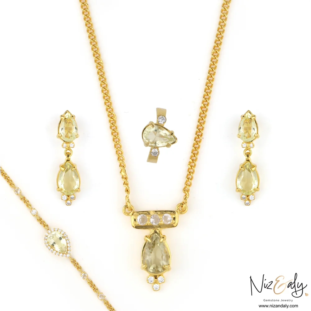 Gold Plated TearDrop shaped  Clear Quartz Pendant Set with Bracelet -Golden Cascade