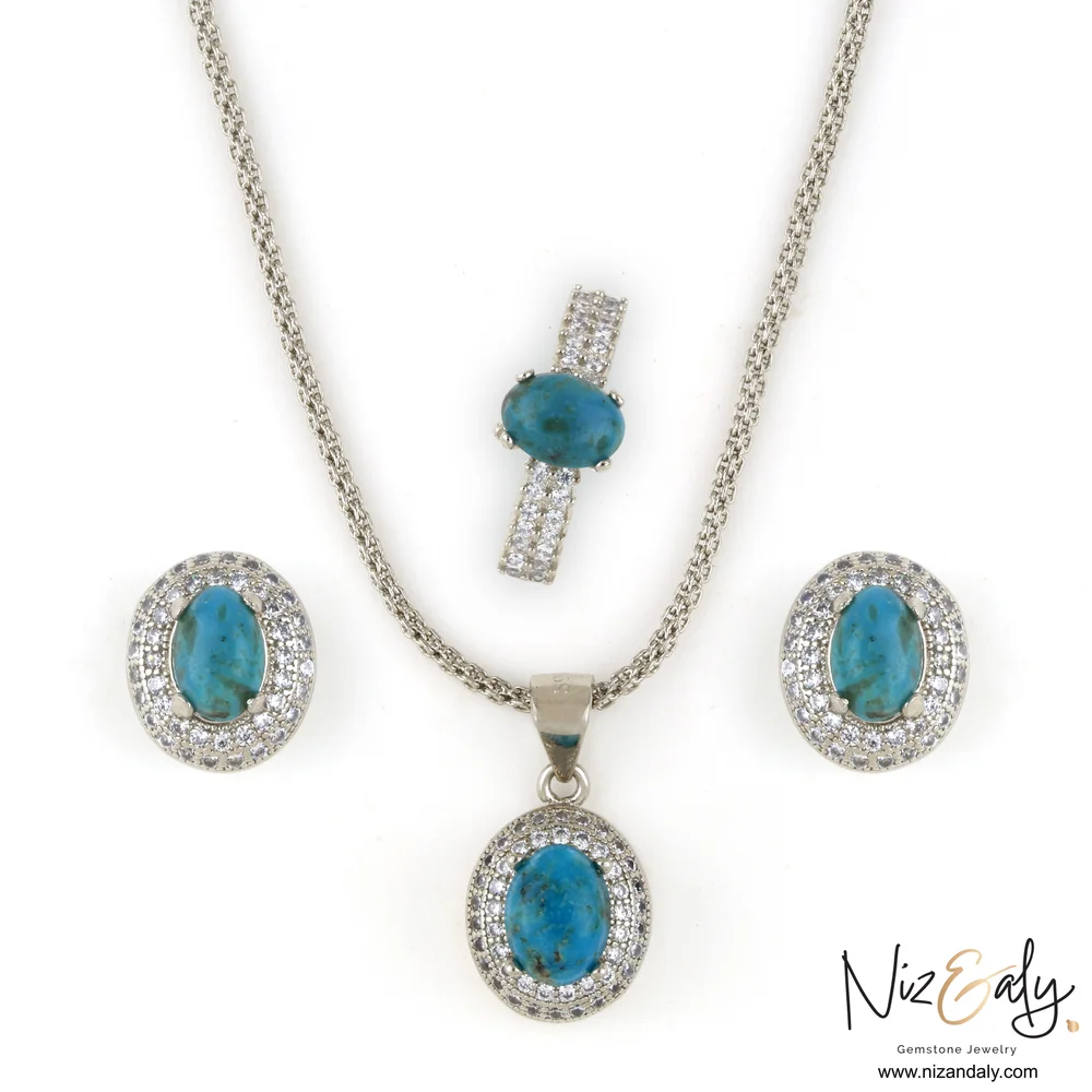 AZ Kingman Oval Blue  Turquoise Pendant Set – Timeless Beauty