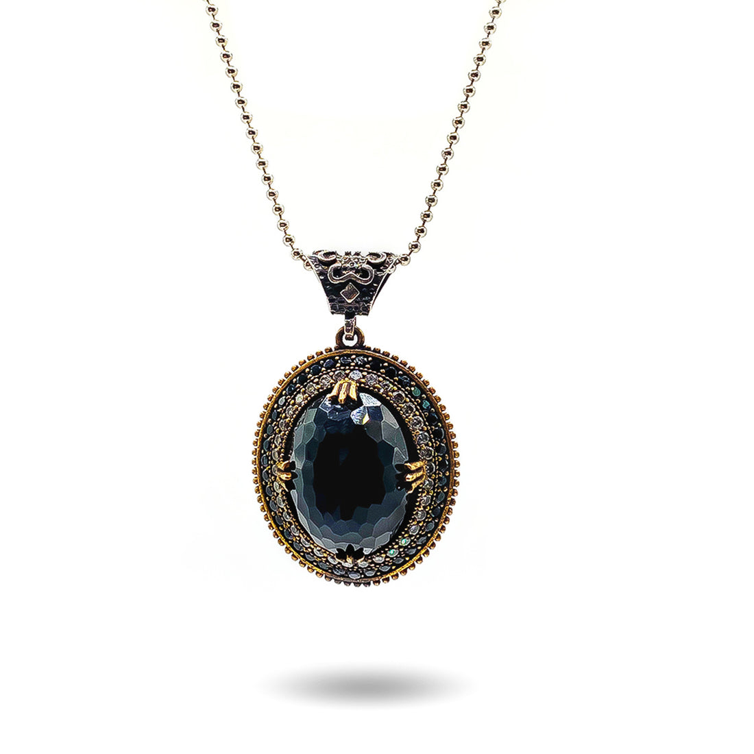 Faceted large black Oynx intricatedly designed with VVS diamond Cubic Zirconia simulated stones and tiny Oynx