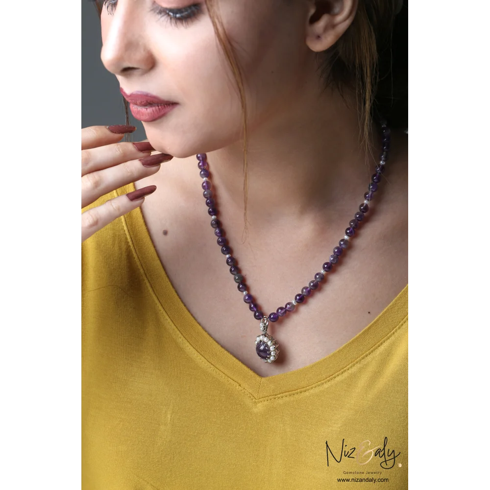 Amethyst and Pearls Pendant  in Beaded Necklace