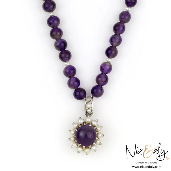 Amethyst and Pearls Pendant  in Beaded Necklace