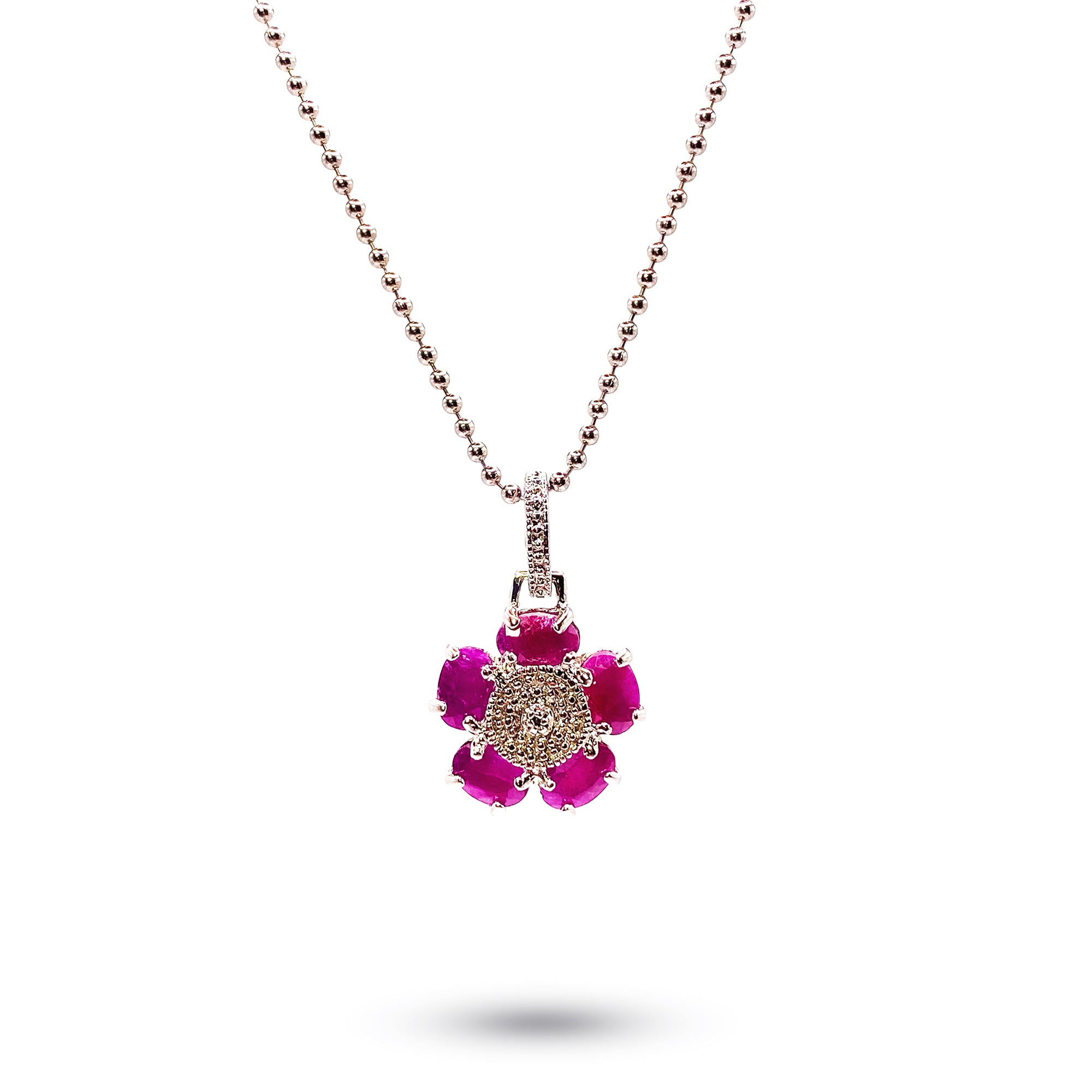 Red Ruby Flower Pendant with intricated silver center (5 rubbies)