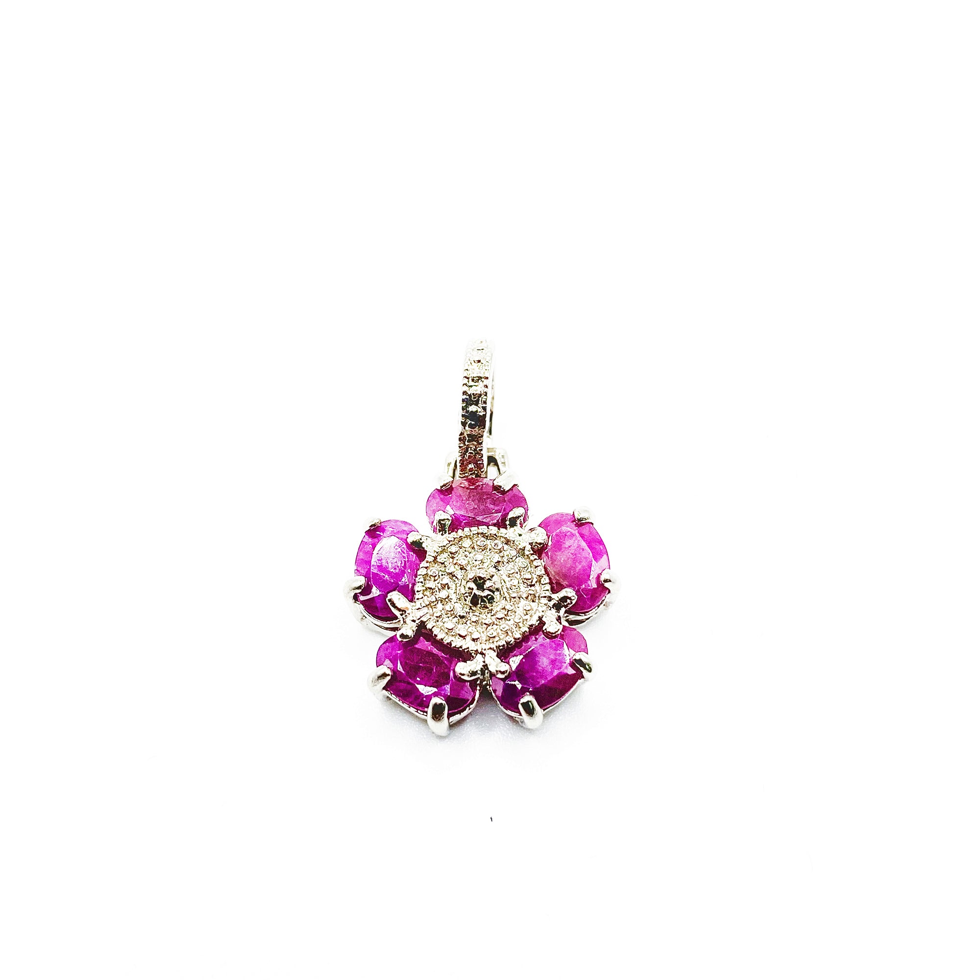 Red Ruby Flower Pendant with intricated silver center (5 rubbies)