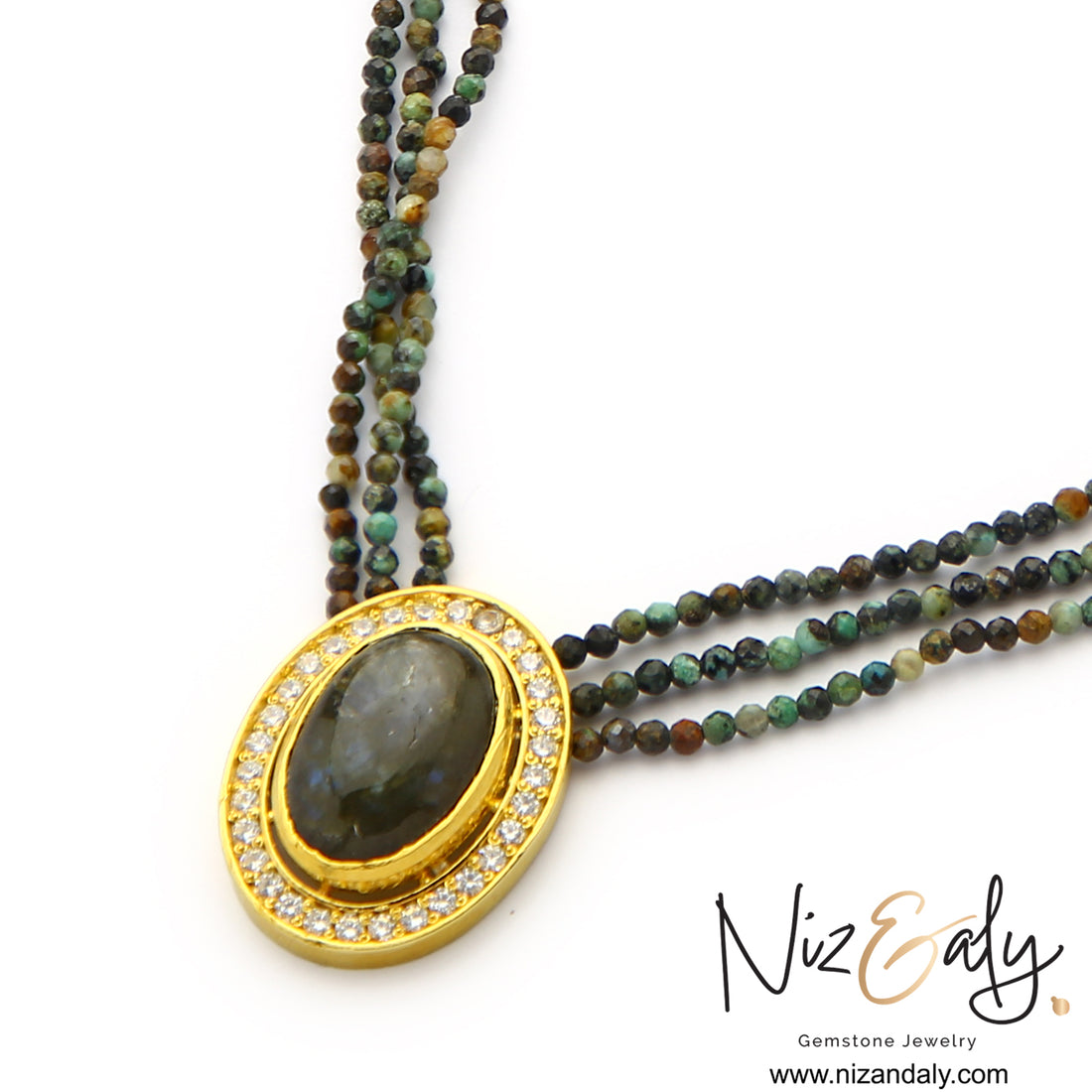 Turquoise Mirage -Labradorite Pendant and Micro-Beaded African Turquoise Strands