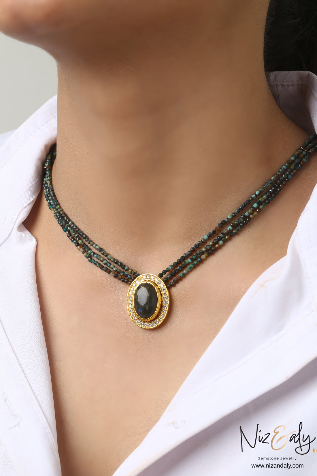 Turquoise Mirage -Labradorite Pendant and Micro-Beaded African Turquoise Strands