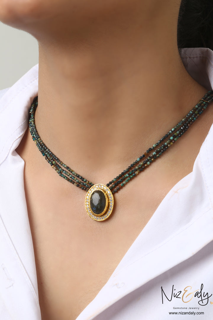 Turquoise Mirage -Labradorite Pendant and Micro-Beaded African Turquoise Strands