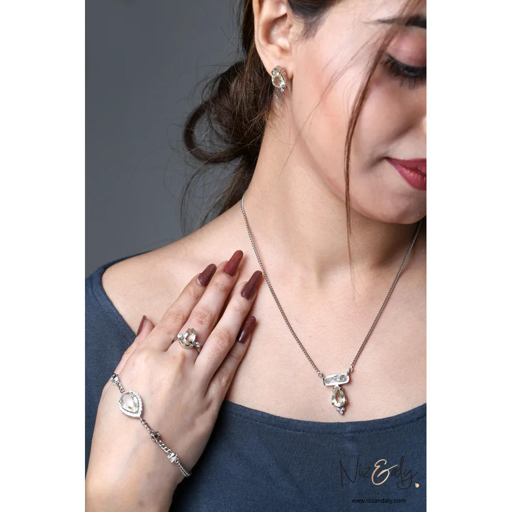 TearDrop shaped  Clear Quartz Pendant Set with Bracelet- Serene Dewdrop