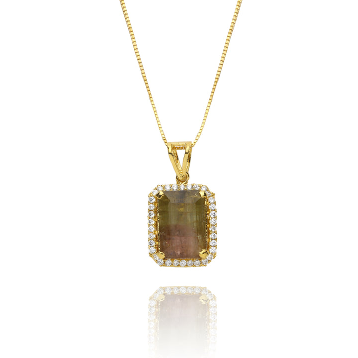Natural bi-color watermelon tourmaline pendant necklace featuring a vibrant gemstone on a delicate chain by Niz & Aly.