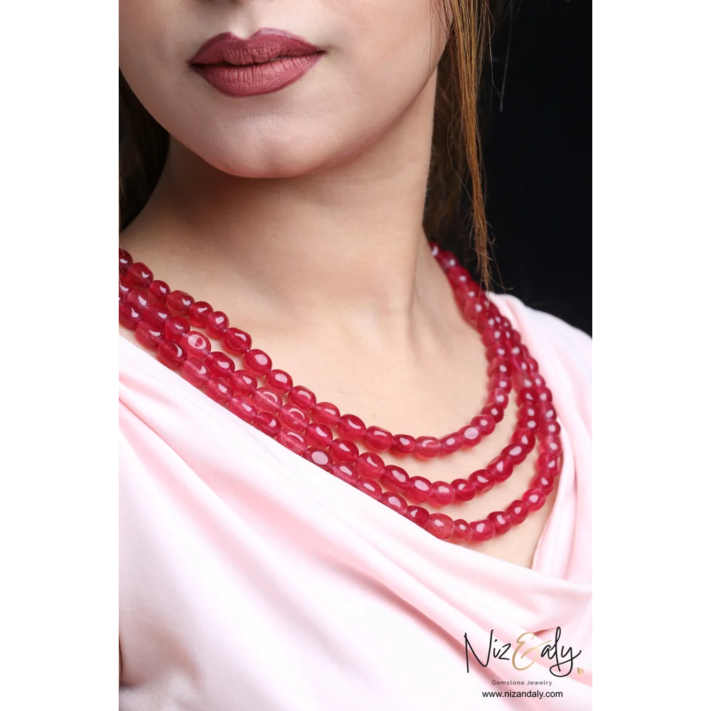 Transulent Cherry Quartz Tripple Strand Beaded Necklace