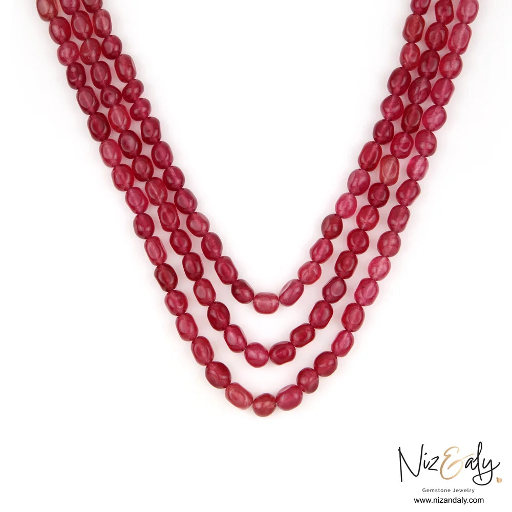Transulent Cherry Quartz Tripple Strand Beaded Necklace
