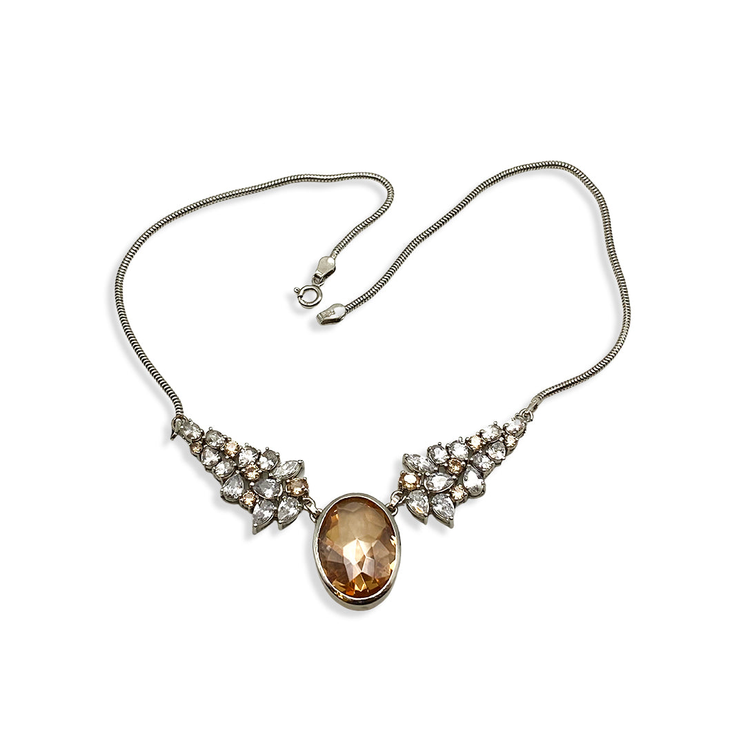 Handcrafted Statement Large Champange Cubic Zirconia Pendant Necklace