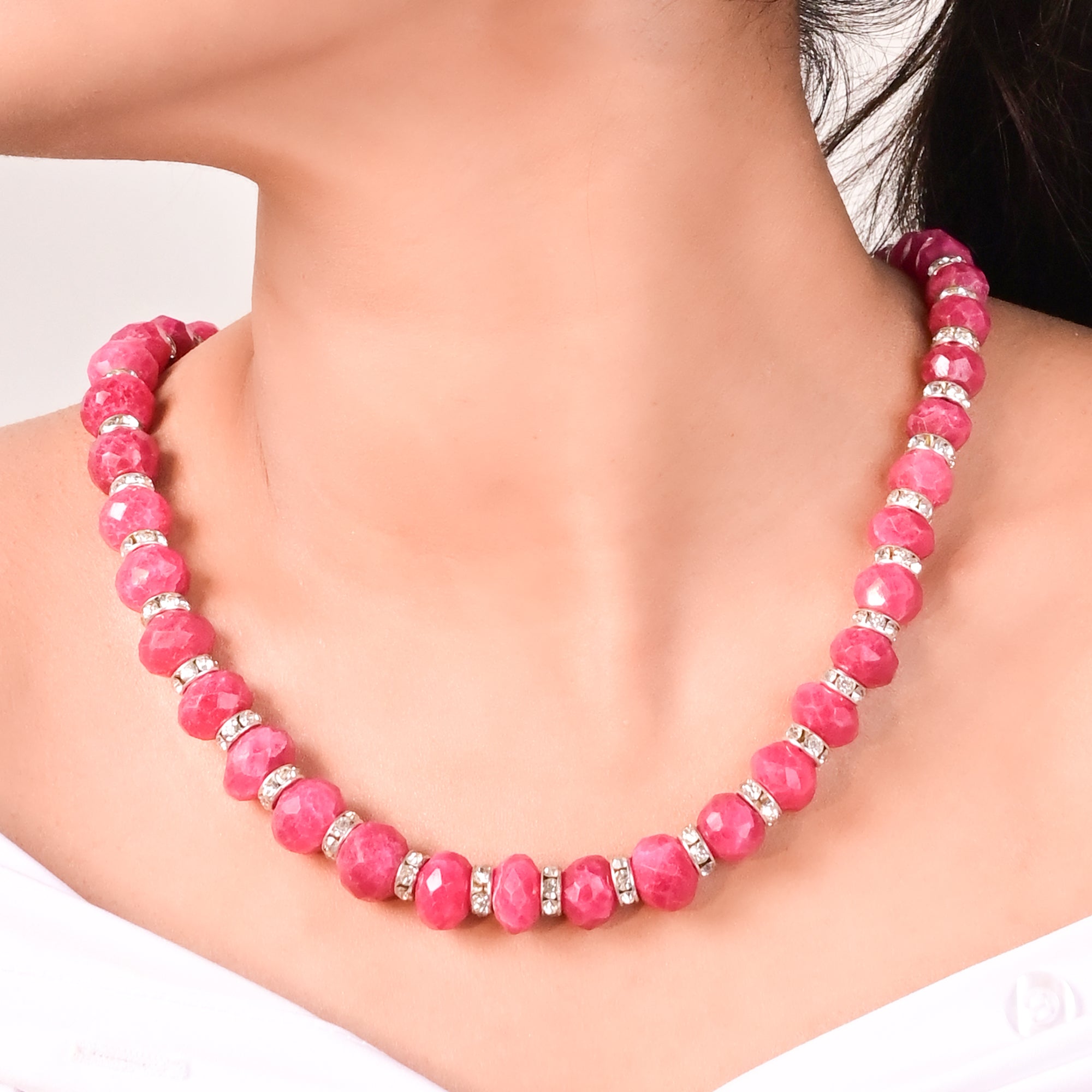 Ruby Red Faceted Jade Graduated Necklace with Drop Earring