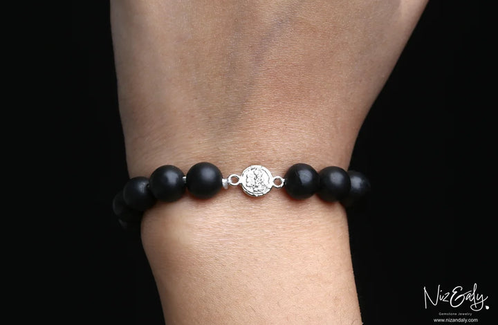 Genuine Shungite Stretch Bracelet with 925 Sterling Silver Accent