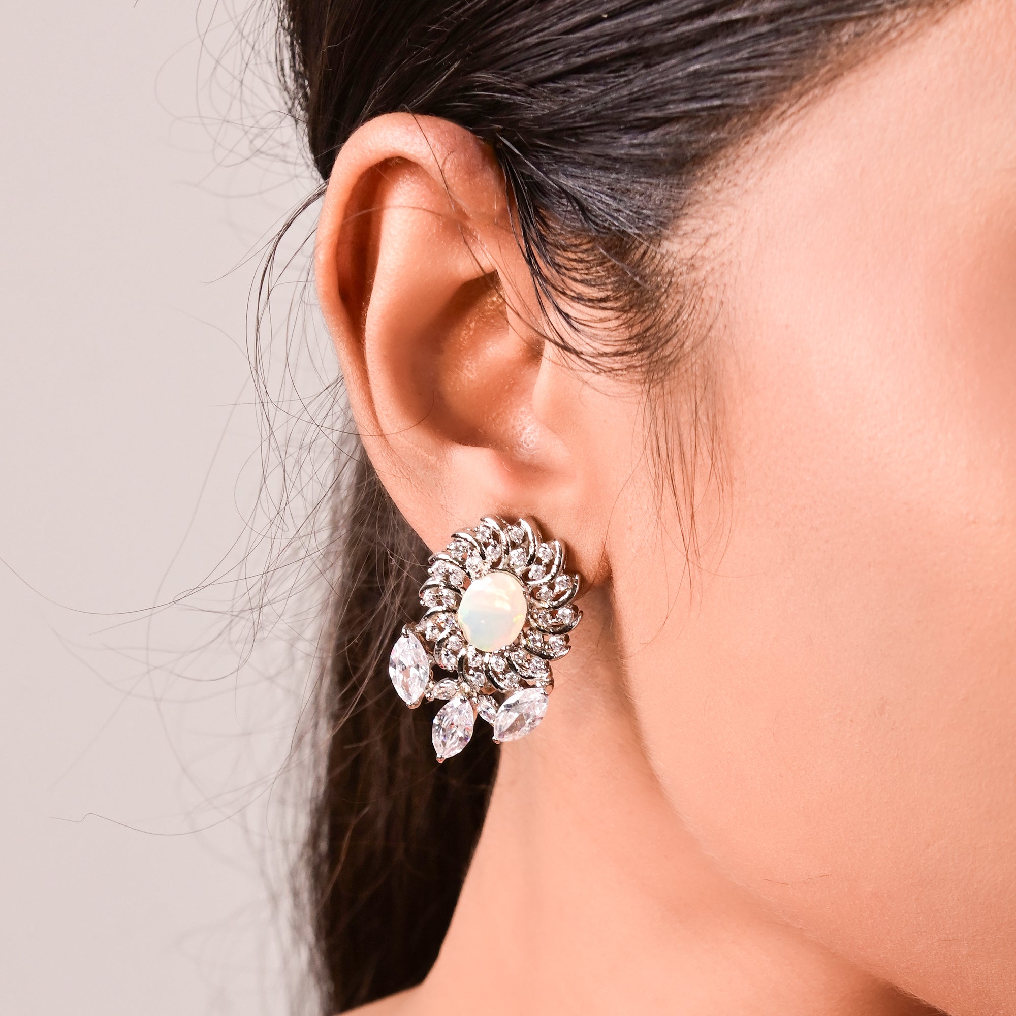 White Opal and Clear Quartz Ear Studs