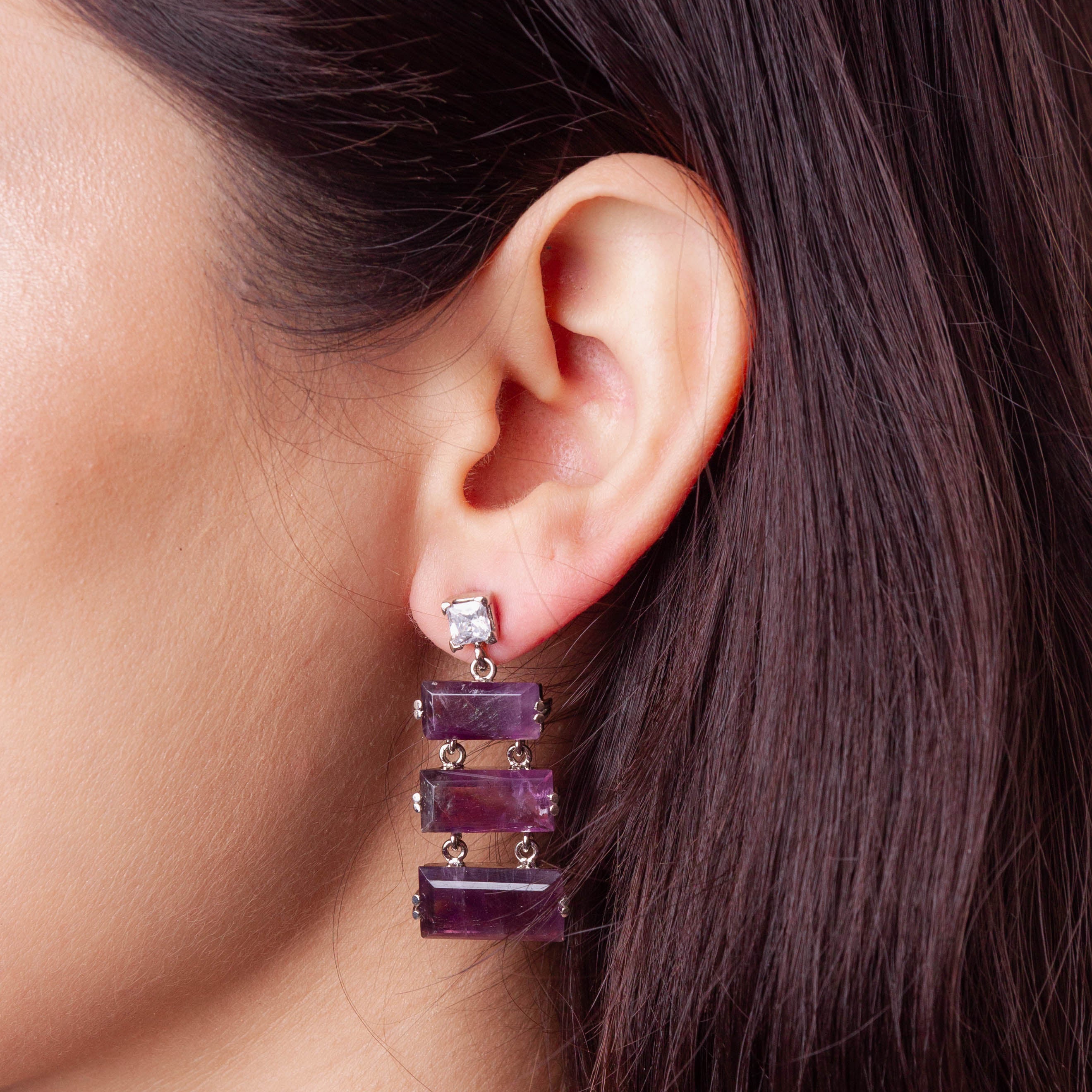 Tiered Rectangle Amethyst Drop Earing