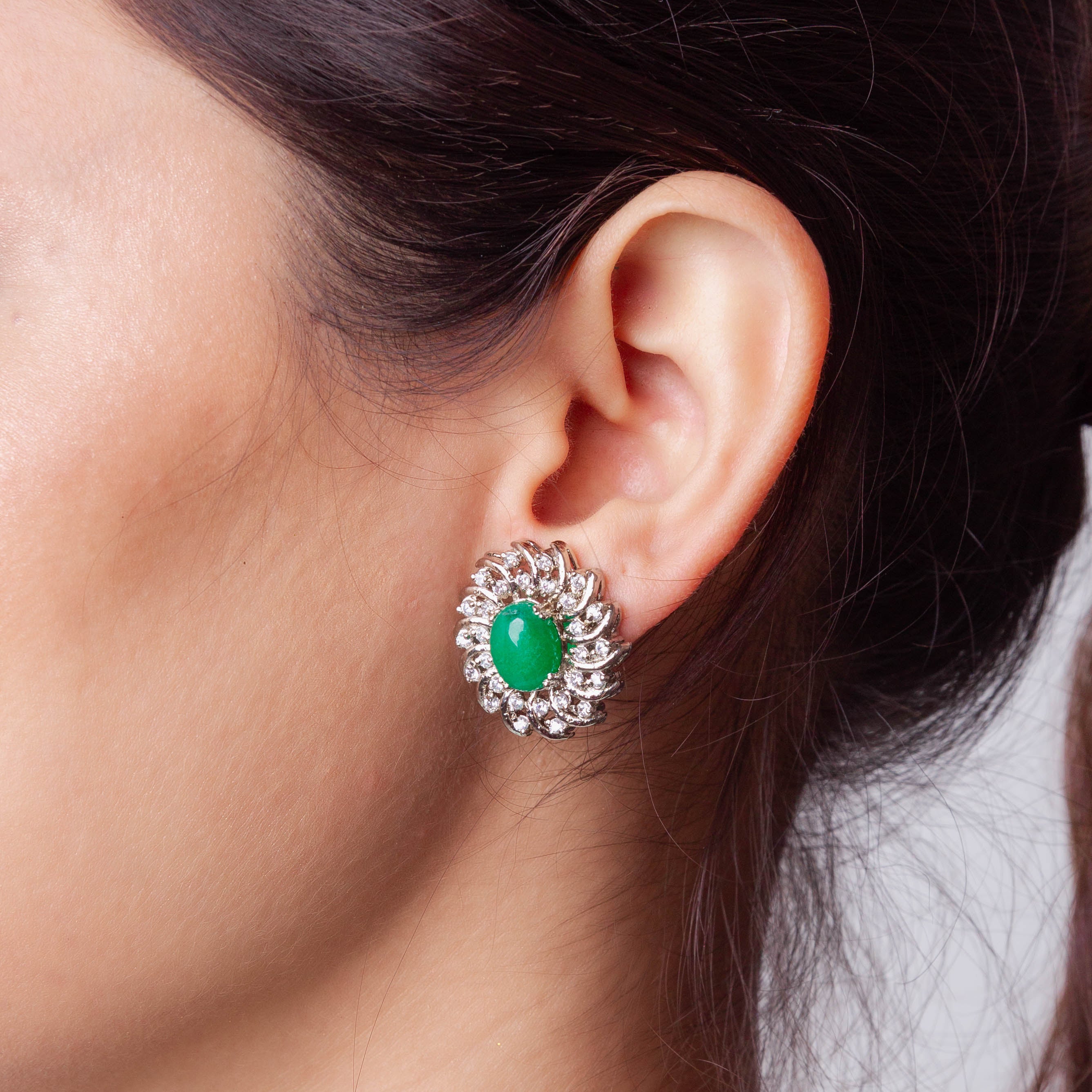 Green Jade Ear Stud with Cubic Zirconia