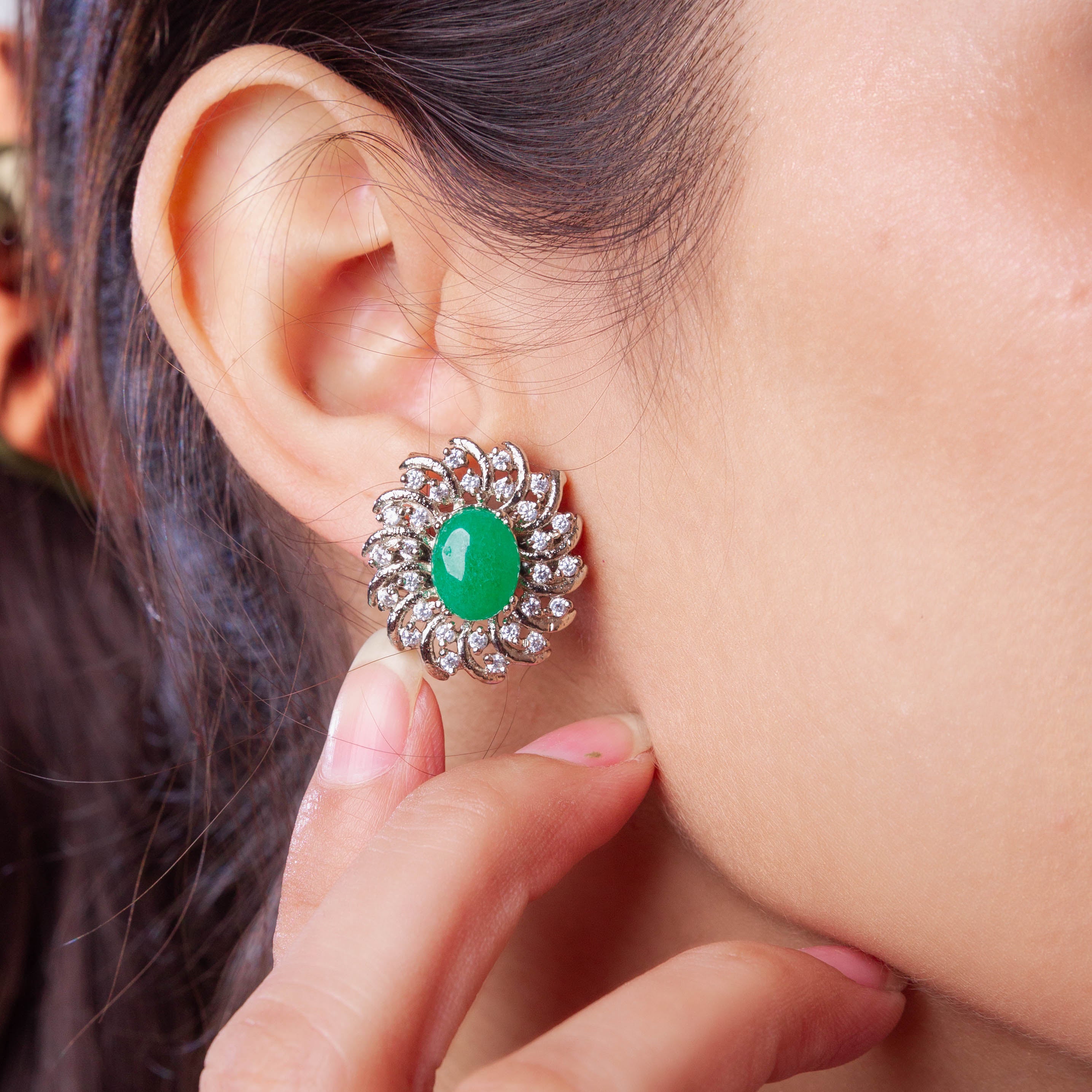 Green Jade Ear Stud with Cubic Zirconia