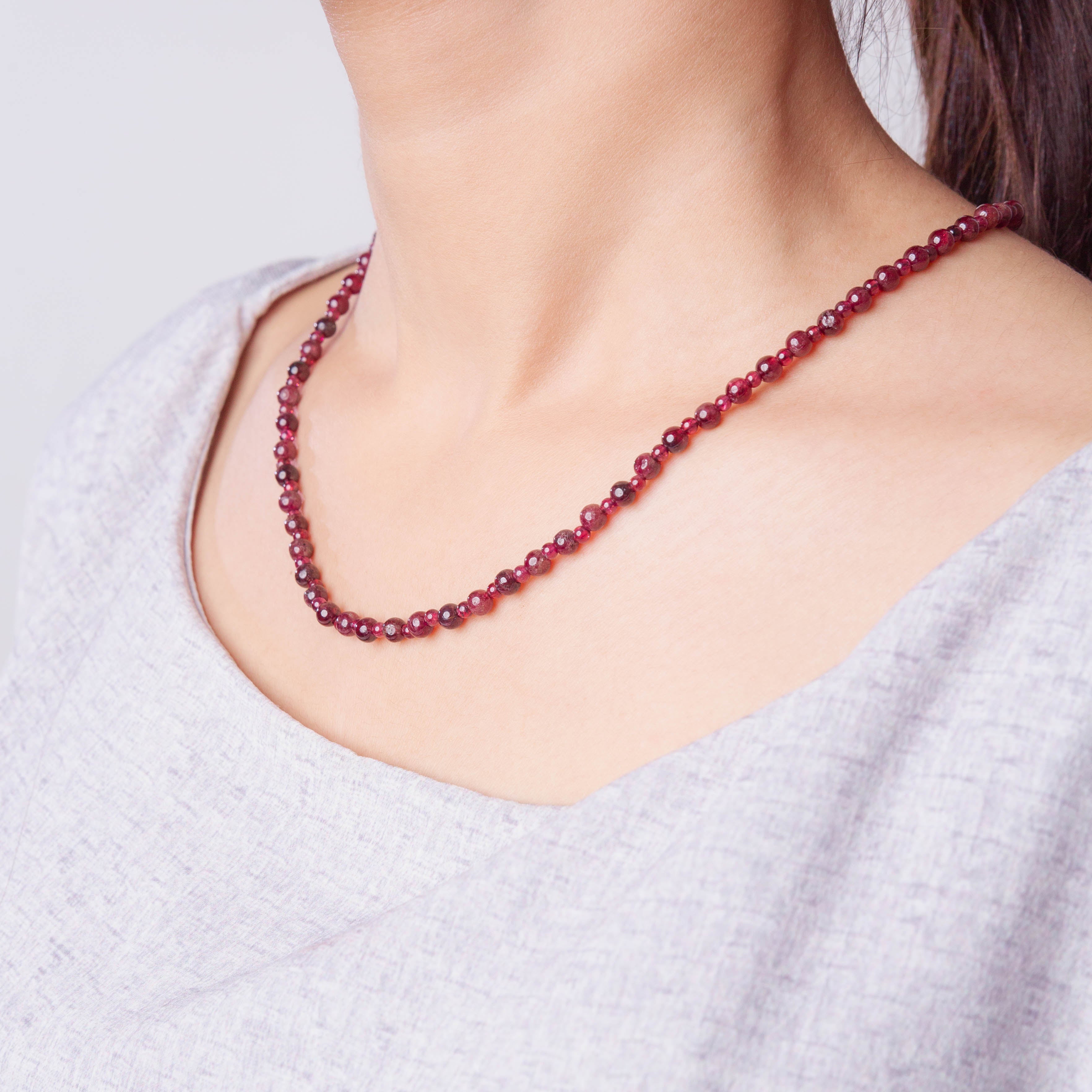 Round Garnet Beaded String Necklace