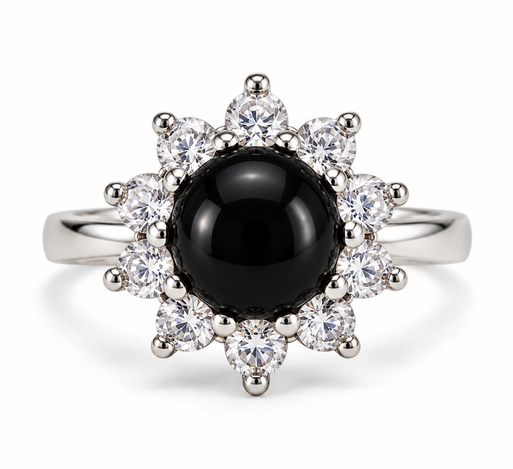 Niz & Aly round black onyx statement ring with polished cabochon gemstone and floral halo setting