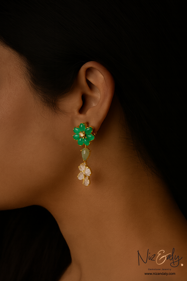Garden of Ayla- Green Chalcedony Floral Drop Earrings.