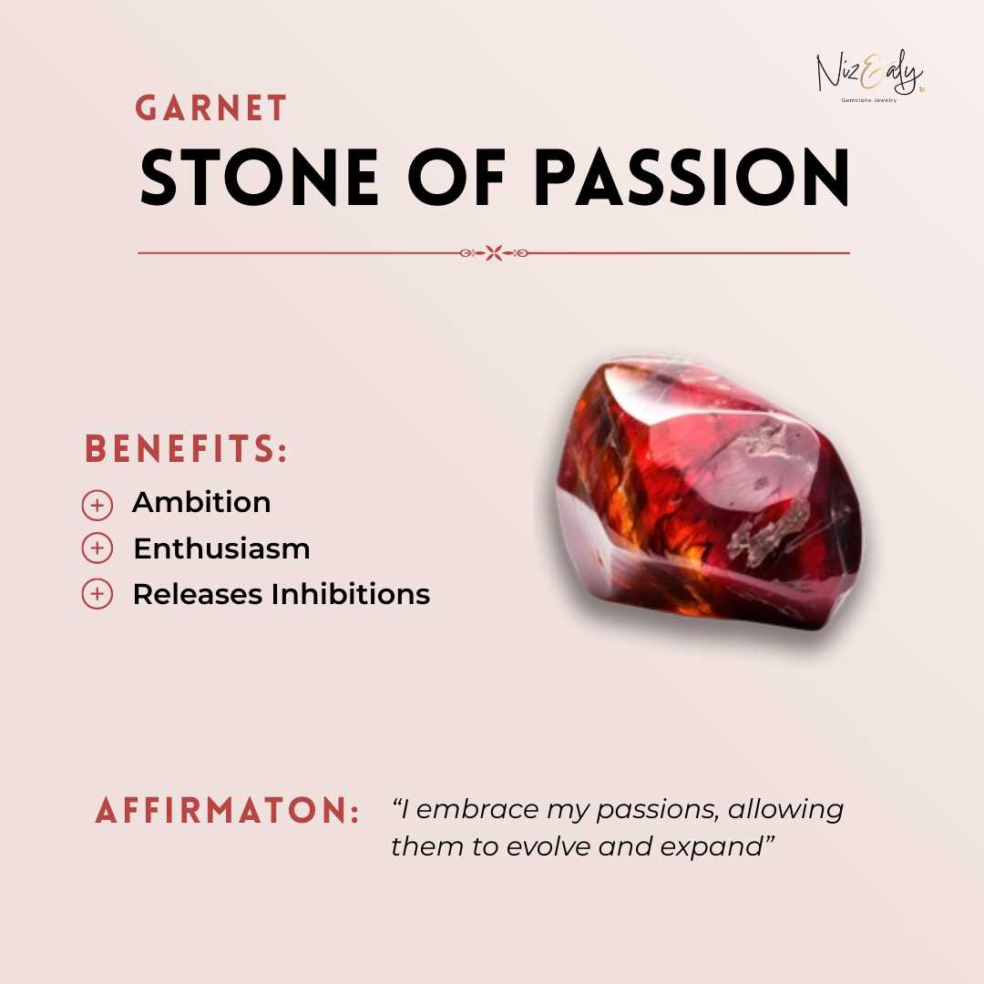 Garnet stone with its benefits and affirmation on a light pink background