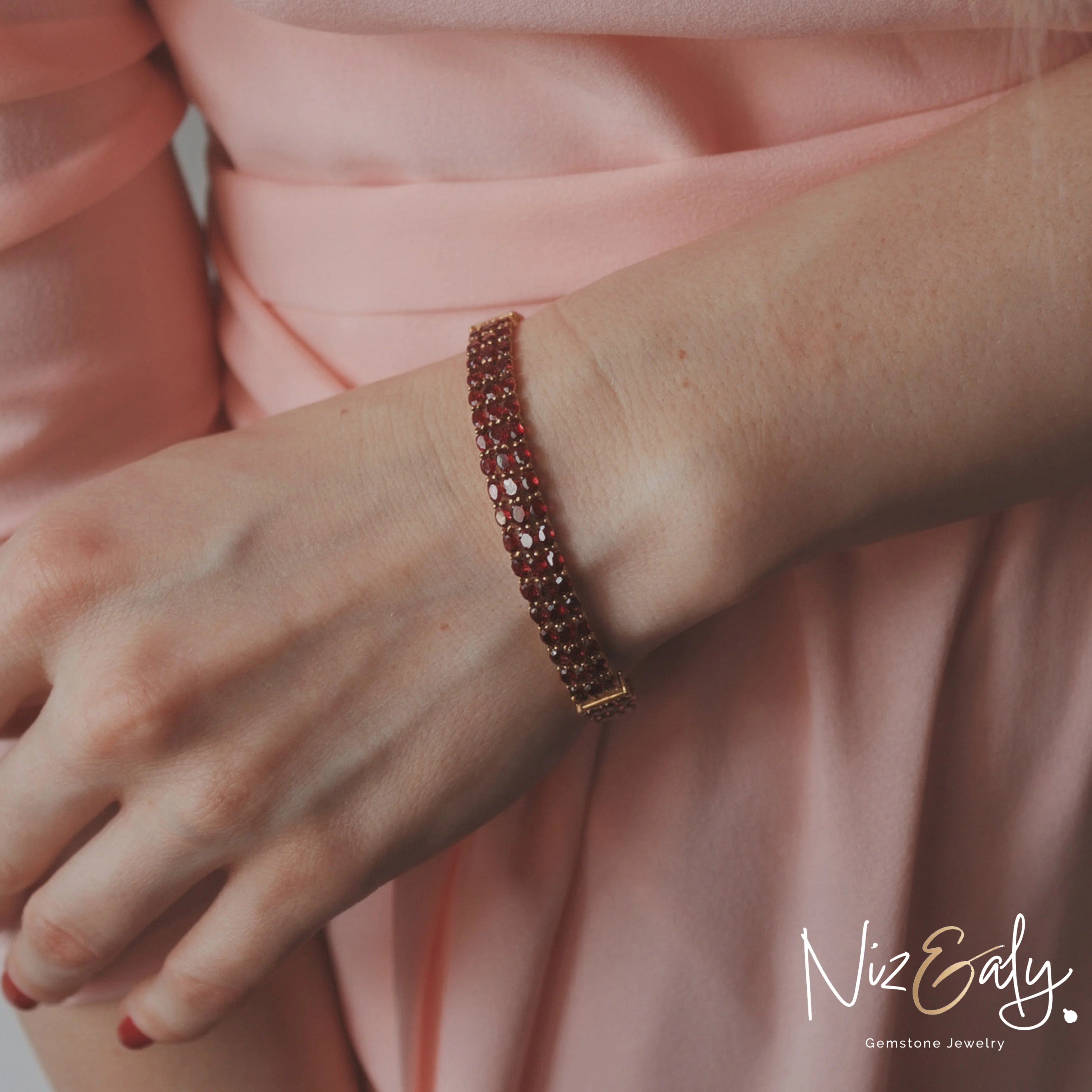 Gold garnet bracelet for women with wide multi-row gemstone design