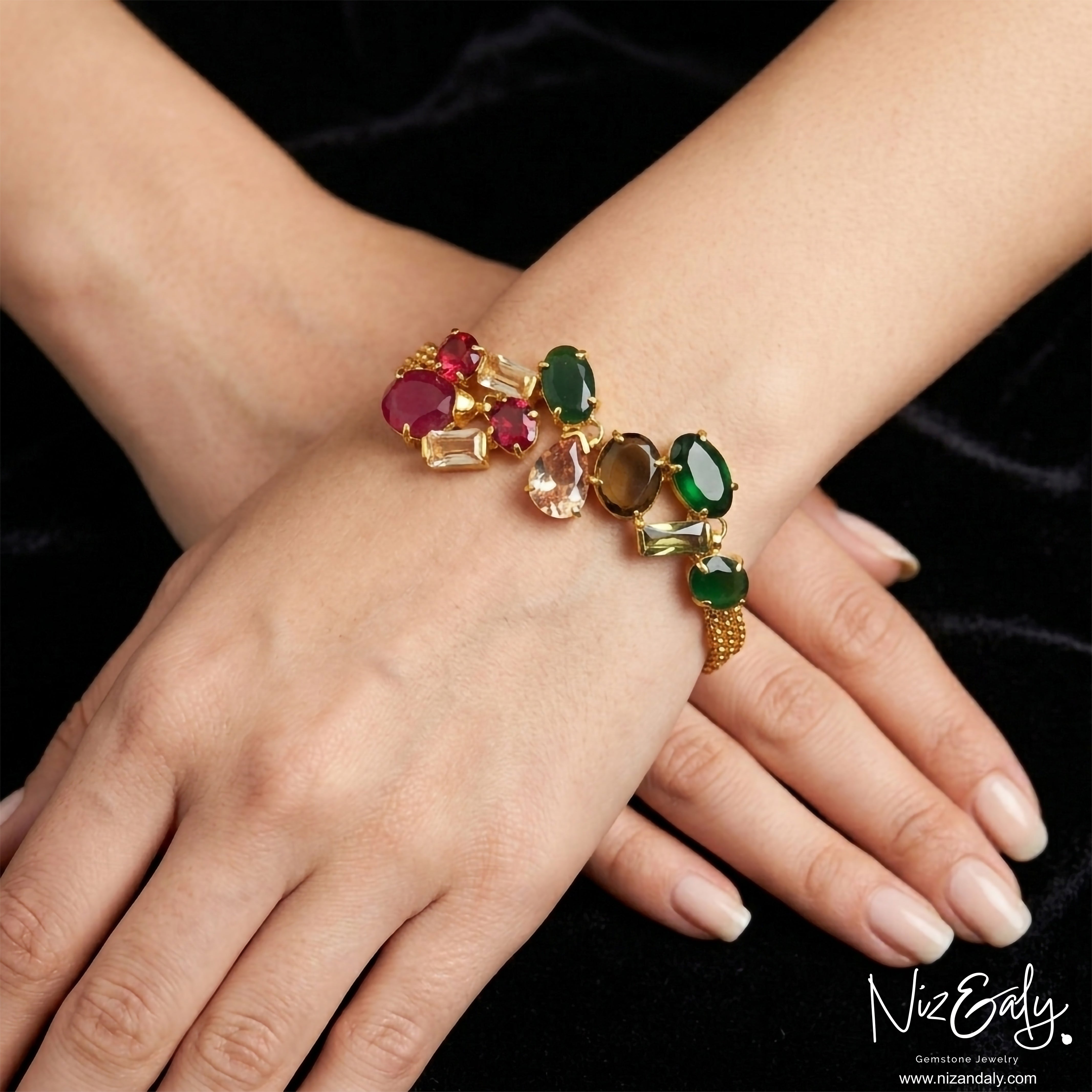 Gold plated gemstone bracelet with amber green and red CZ stones