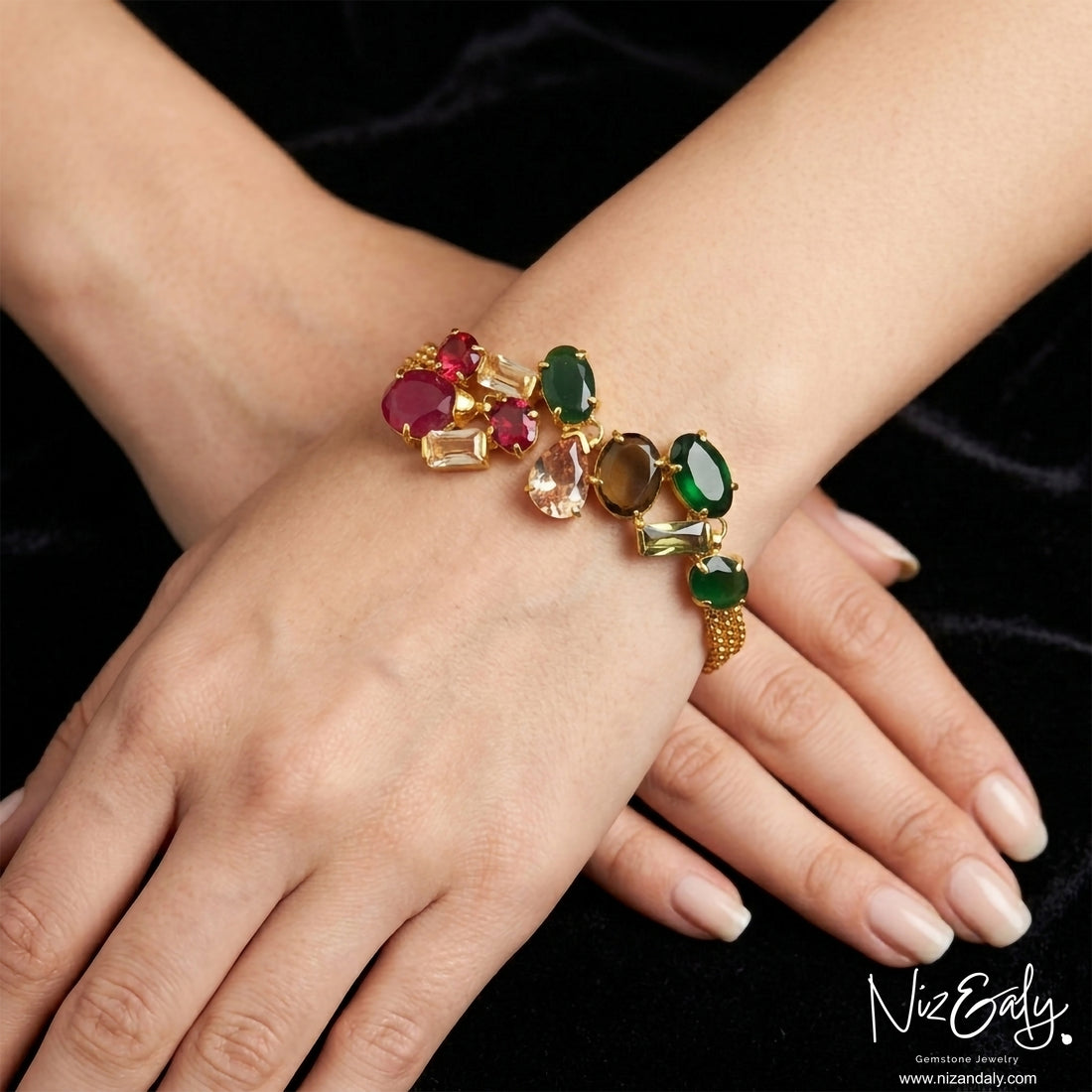 Gold plated gemstone bracelet with amber green and red CZ stones
