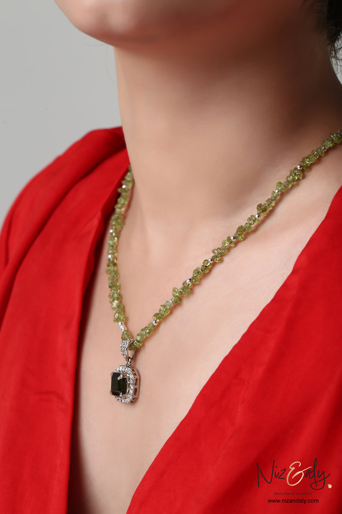 Green Tourmaline Pendant in Peridot Strand