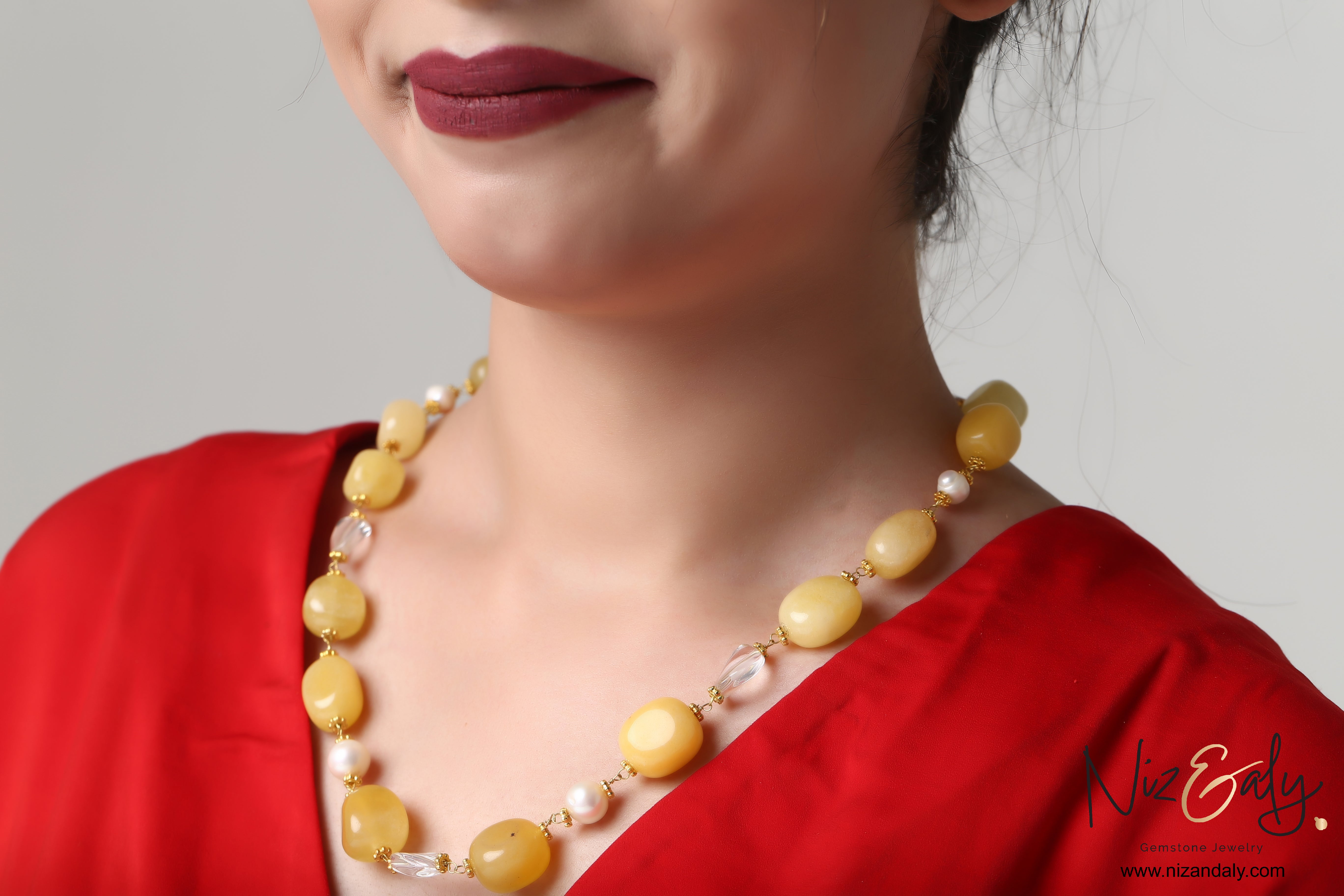 Natural lemon Chiffon Jade and Icy Quartz  with Fresh Water Pearl Bead Necklace
