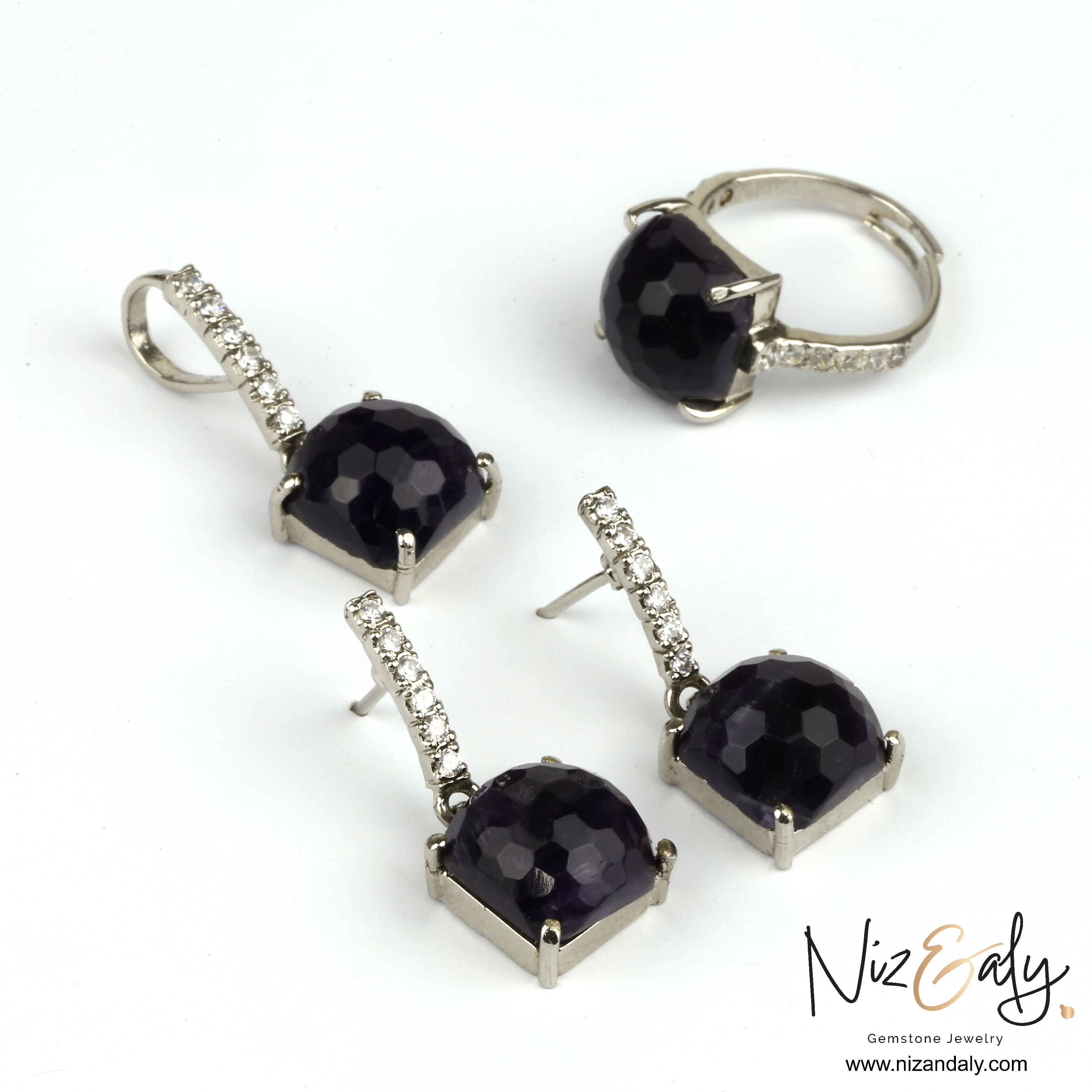 Square Dark Amethyst Drop Pendant Set
