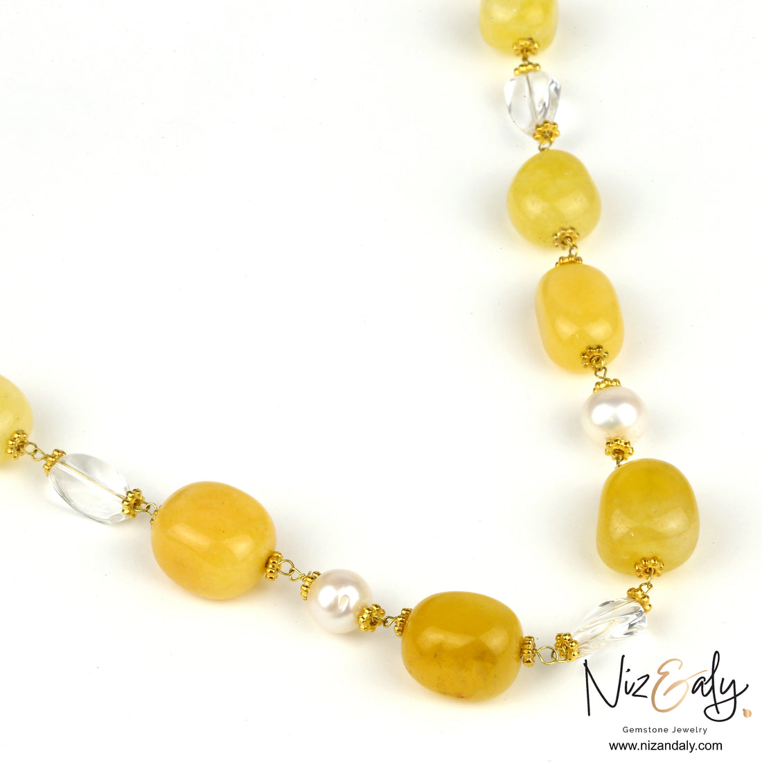 Natural lemon Chiffon Jade and Icy Quartz  with Fresh Water Pearl Bead Necklace