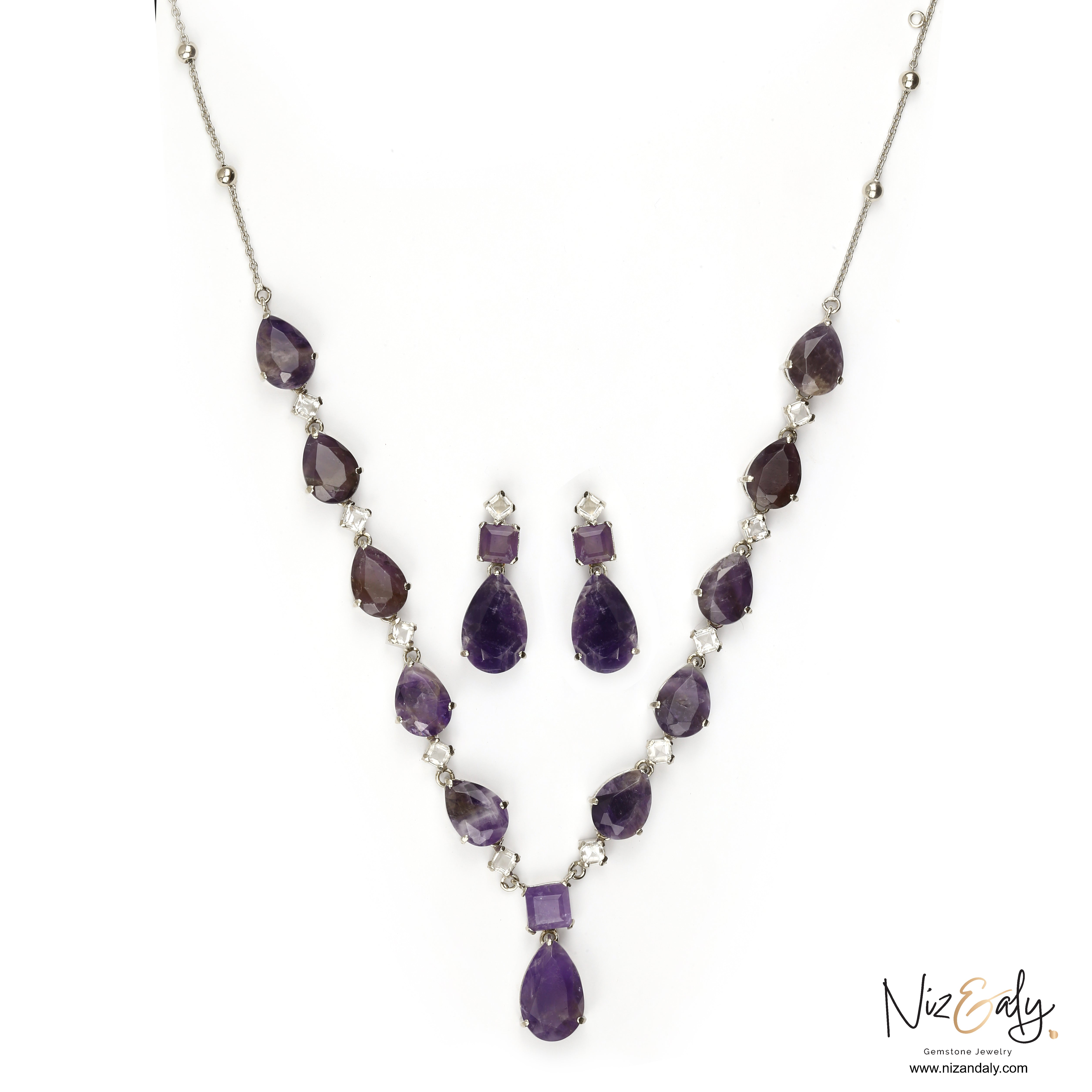 Stunning Droplet Cut Amethyst and Clear Quartz Necklace Set