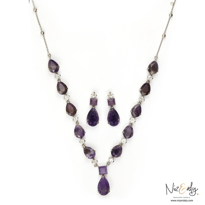 Stunning Droplet Cut Amethyst and Clear Quartz Necklace Set