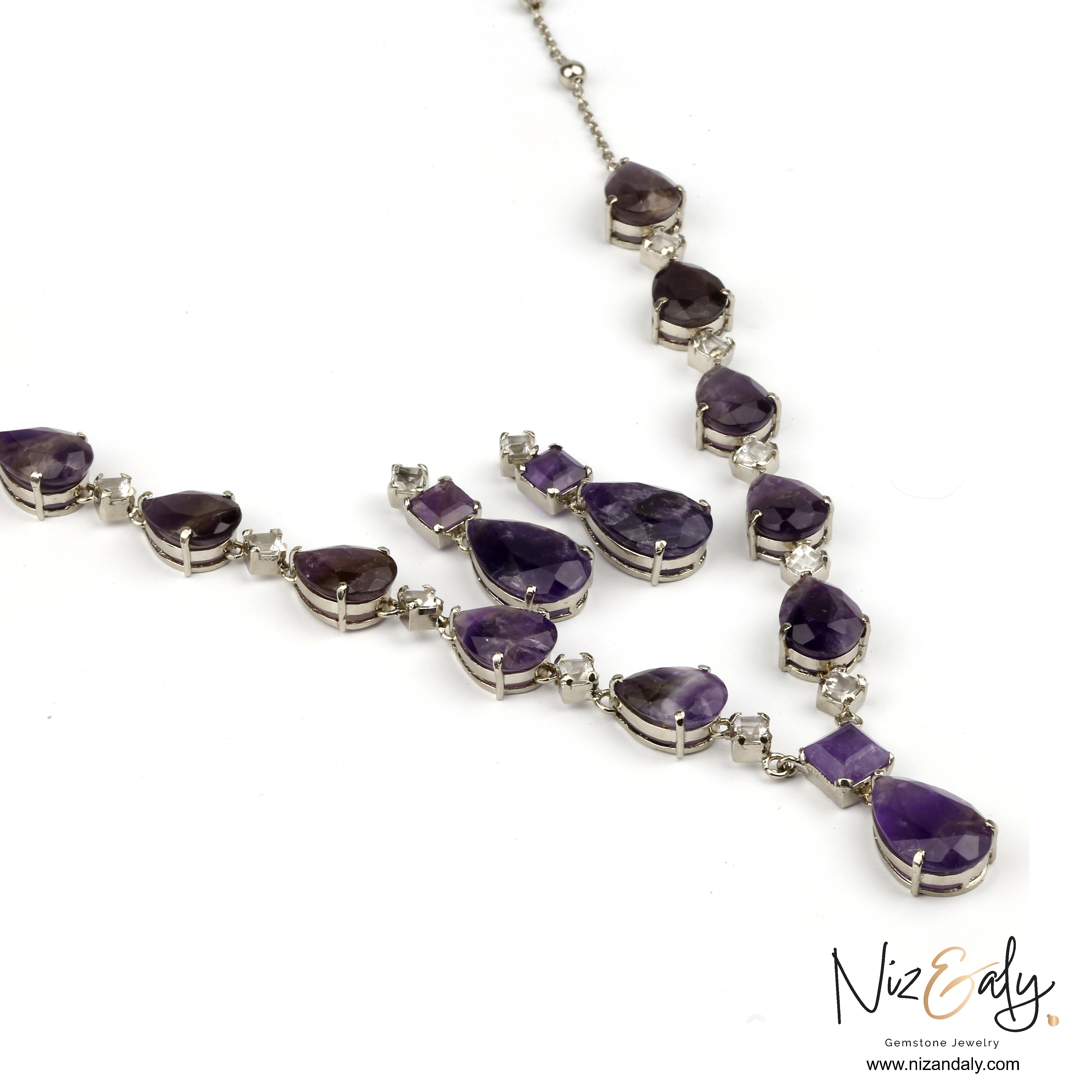 Stunning Droplet Cut Amethyst and Clear Quartz Necklace Set