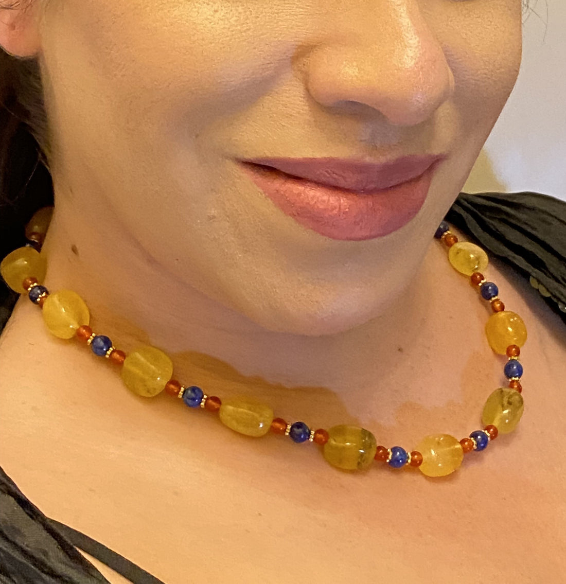 Trio Yellow Agate, Carnelian and Lapis  Necklace