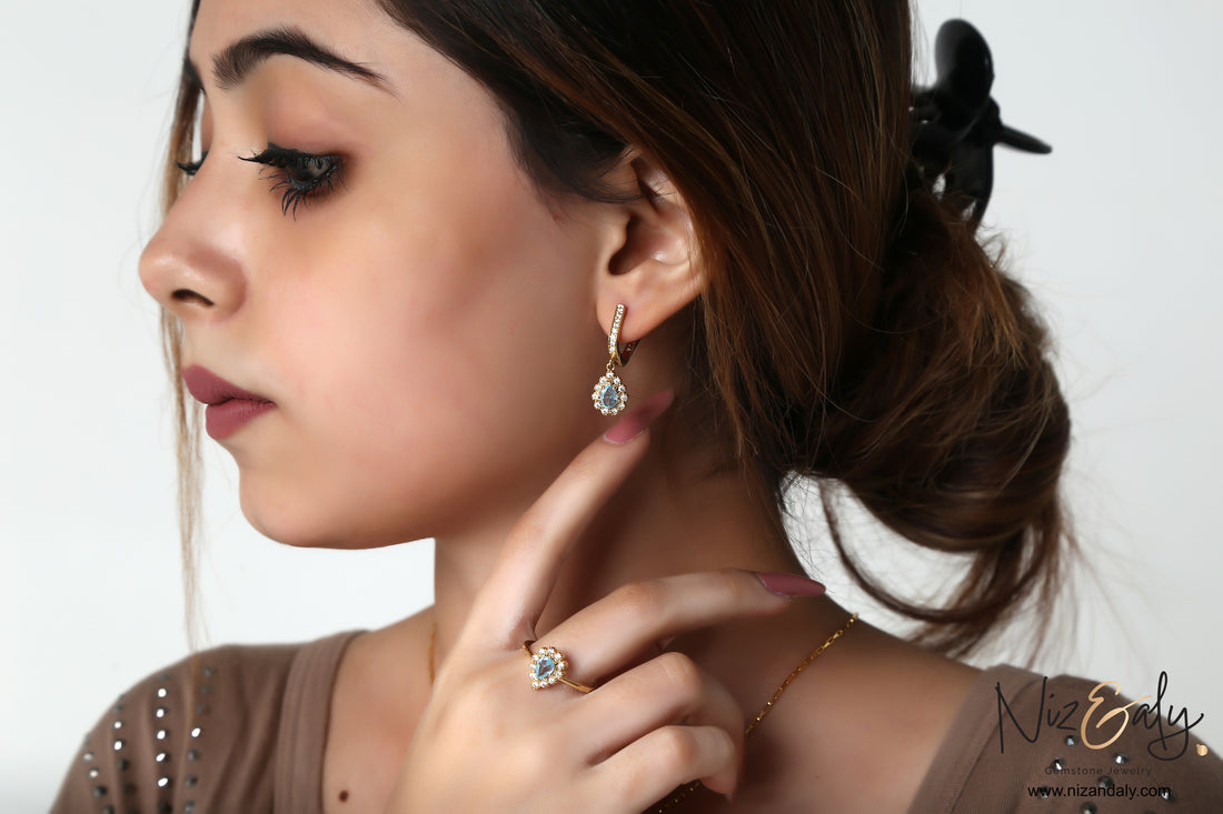 Dainty Gold Plated Natural Blue Topaz Tear Drop Full Set